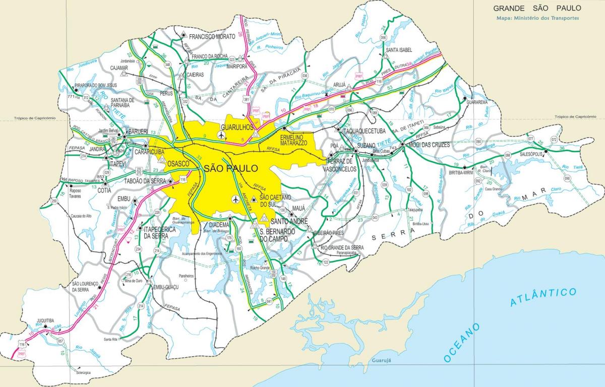 Карта на автомобилни пътища покрайнините на Сао Пауло
