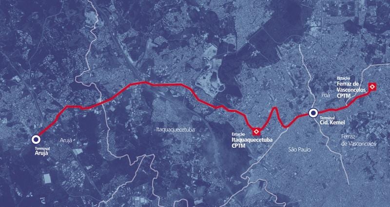 Карта коредоре БРТ метрополитано периметъра Алто Тиете